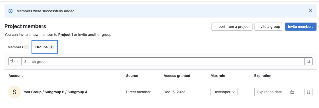 하위 그룹 4가 구성원으로 표시된 프로젝트 구성원 페이지